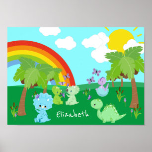 Baby-dinosaurier med fjärilar, regnbåge och Sol Poster