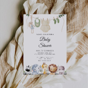 Baby djur Baby Shower   Hanging Baby Clothing Inbjudningar
