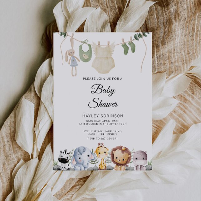 Baby djur Baby Shower | Hanging Baby Clothing Inbjudningar (Baby Animal Baby Shower | Hanging Baby Clothing Invitation)