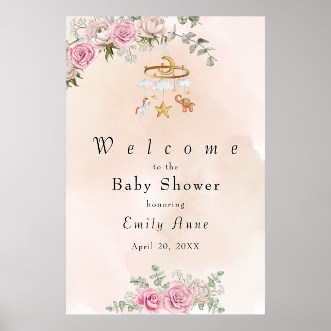 Baby djur Carousel Peach Baby Shower Poster (Framsidan)