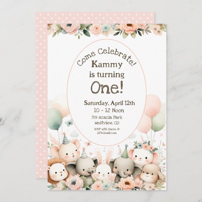 Baby djur första födelsedag inbjudningar (Fram/baksida)