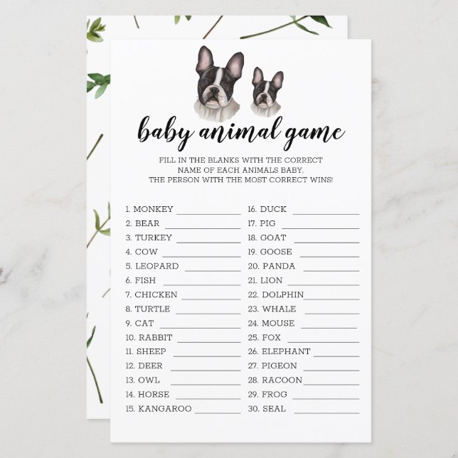 Baby djur Fransk Bulldog Baby Shower BW (Fram/baksida)