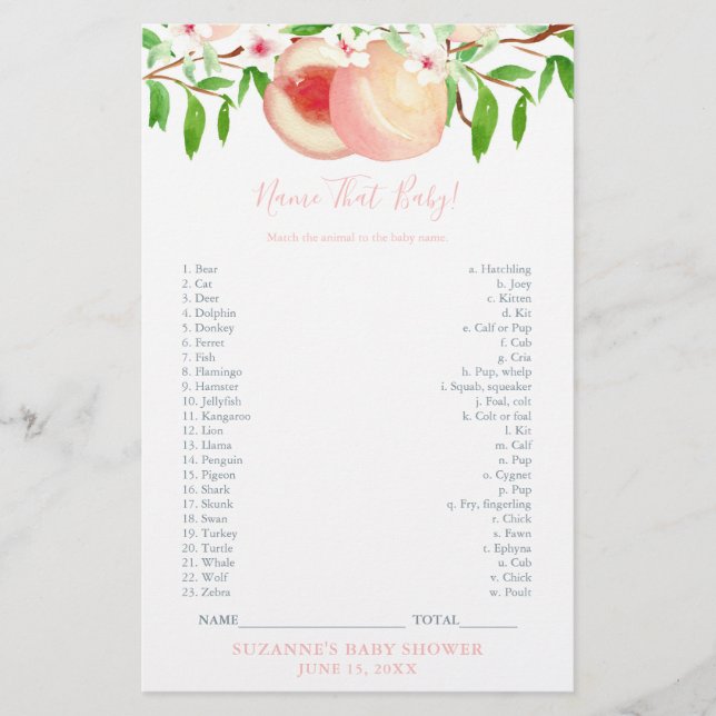 Baby djur Game Card Sweet Peach Shower Flygblad (Framsidan)