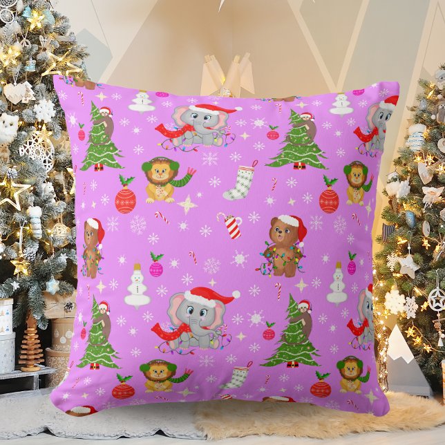 Baby djur i zoo firar jul Rosa  Kudde (Skapare uppladdad)