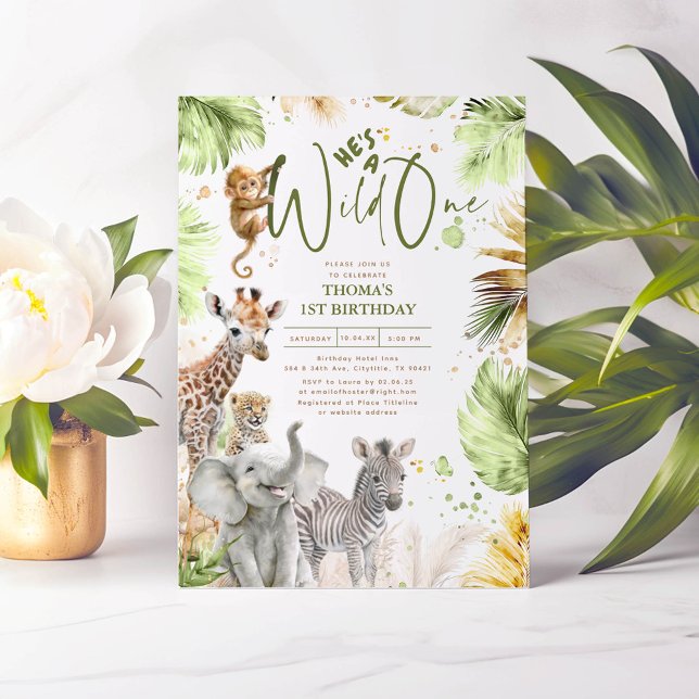 Baby djur Jungle Safari Vild 1:a födelsedag Inbjudningar (Safari Animals Wild One 1st Birthday Invitations)