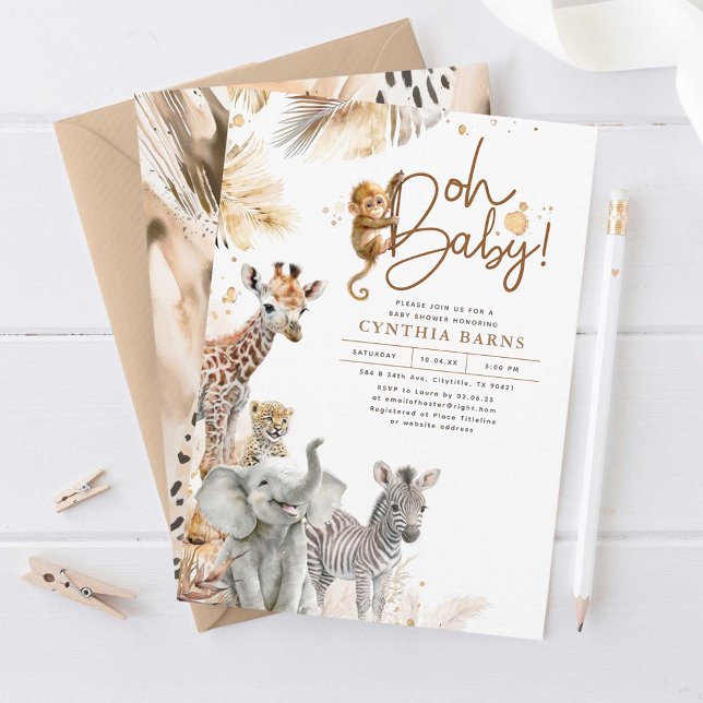 Baby djur Jungle Safari Vild Cute Baby Shower Inbjudningar (Safari Animals Light Brown Baby Shower Invitations)