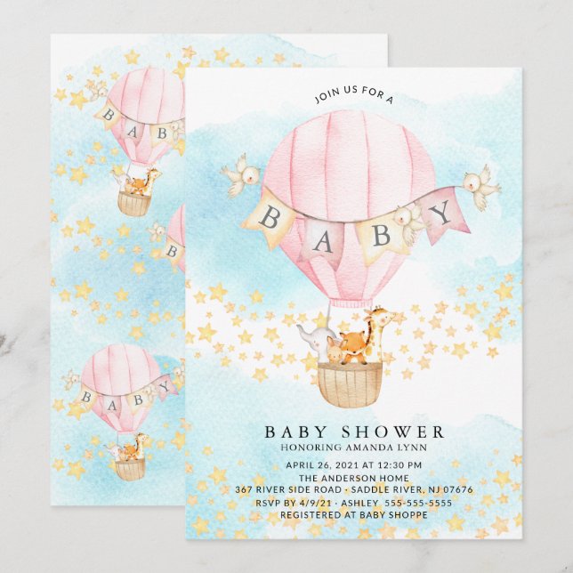 Baby djur Luftballong Pojke Shower Inbjudningar (Fram/baksida)