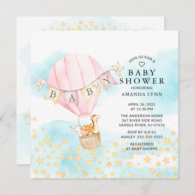 Baby djur Luftballong Ride Girl Baby Shower Inbjudningar (Fram/baksida)