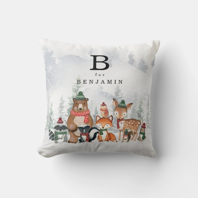 Baby djur Monogram för vinterskog Kudde (Framsida)