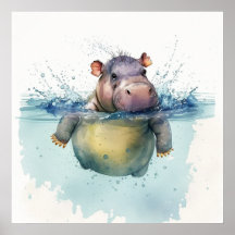 Baby djur Prints for Nursery, Cute hippo poster
