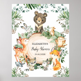 Baby djur Shower Party i Cute Woodland Greenery Poster
