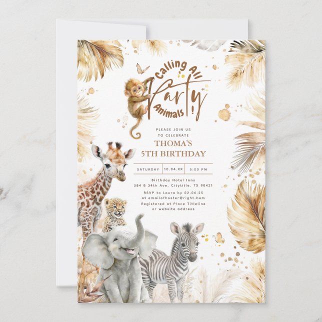Baby djur Vild Jungle Safari Cute Roligt Birthday Inbjudningar (Framsida)