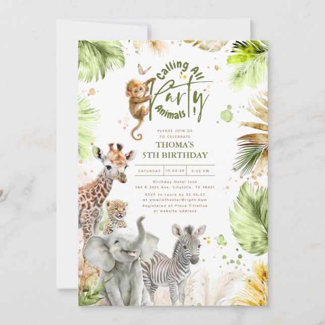 Baby djur Vild Jungle Safari Cute Roligt Birthday Inbjudningar (Framsida)