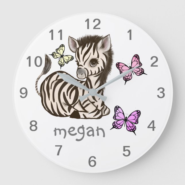Baby djur Zebra Butterfly Nursery Wall Clock Stor Klocka (Framsida)