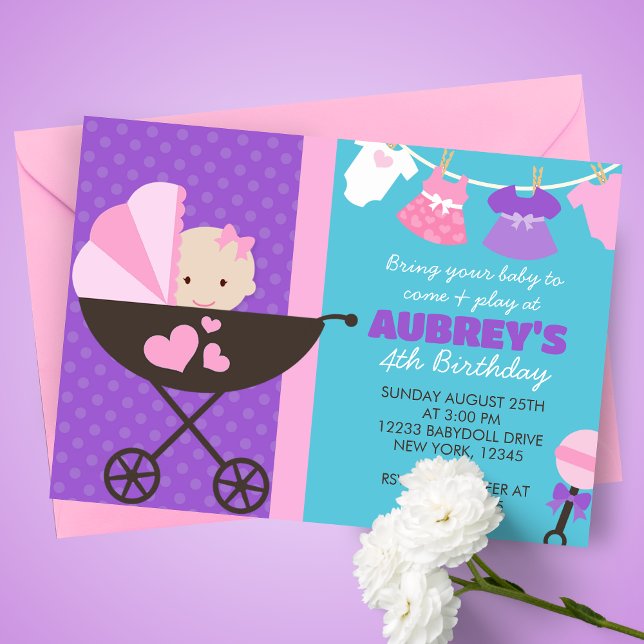 Baby Doll Födelsedagsfest inbjudan (Baby Doll Birthday Party Invites in shades of pink, purple and a beautiful caribbean teal blue)