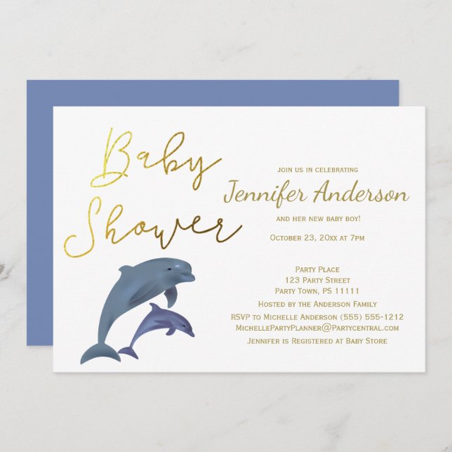 Baby Dolphin Boy eller Girl Baby Shower Inbjudningar (Fram/baksida)
