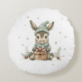 Baby Donkey in Winter Santa Hat Gift 4 Rund Kudde