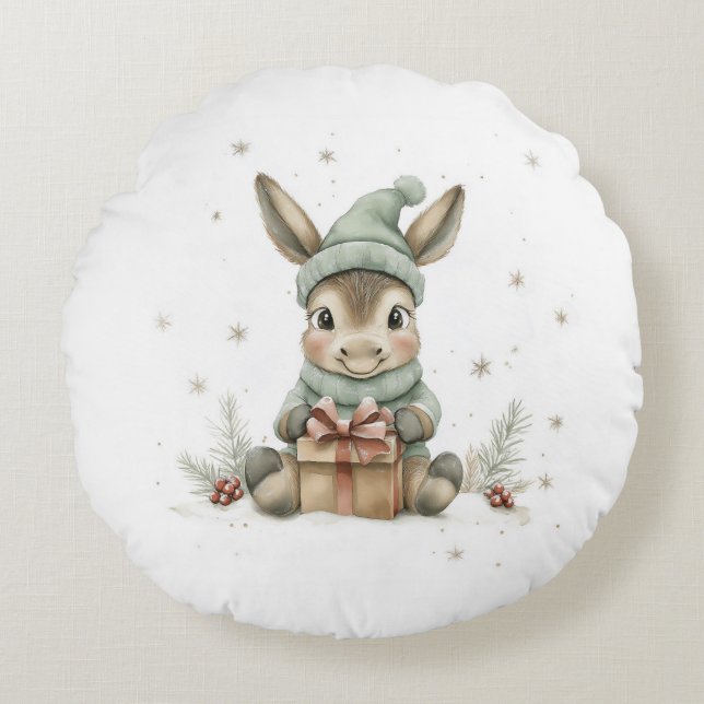 Baby Donkey in Winter Santa Hat Gift 4 Rund Kudde (Framsidan)