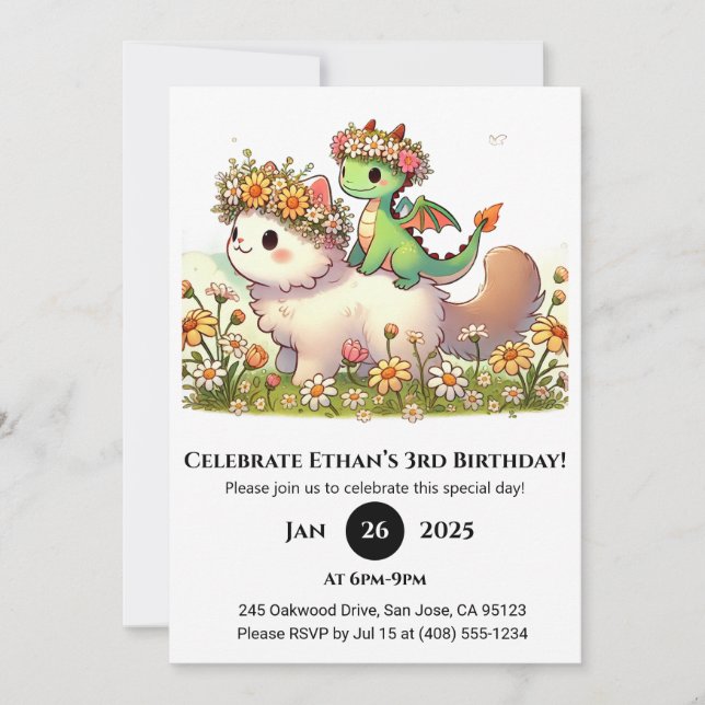 Baby Dragon and Fluffy Cat in Flower Birthday Inbjudningar (Framsida)