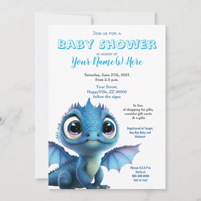 Baby Dragon Boy Shower Cute-inbjudan Inbjudningar (Framsida)