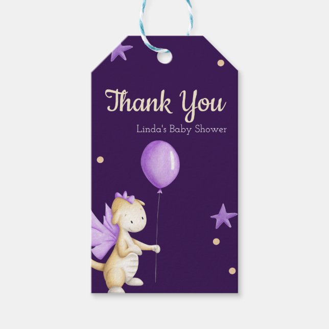 Baby Dragon Lila Baby Shower Tack Gift-Märkre Presentetikett (Framsidan)