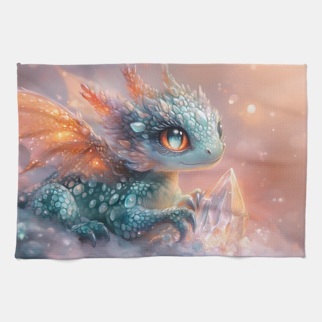 Baby Dragon med Crystal Gem: Fantasy Art Kökshandduk (Horisontell)