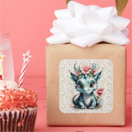 Baby Dragon med Rosa Flowers och Snöre Fyrkantigt Klistermärke