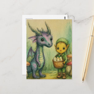 Baby Dragon och Alv Med Ägg Vykort