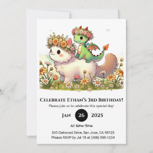Baby Dragon och Fluffig Katt i Blomma Födelsedag Inbjudningar