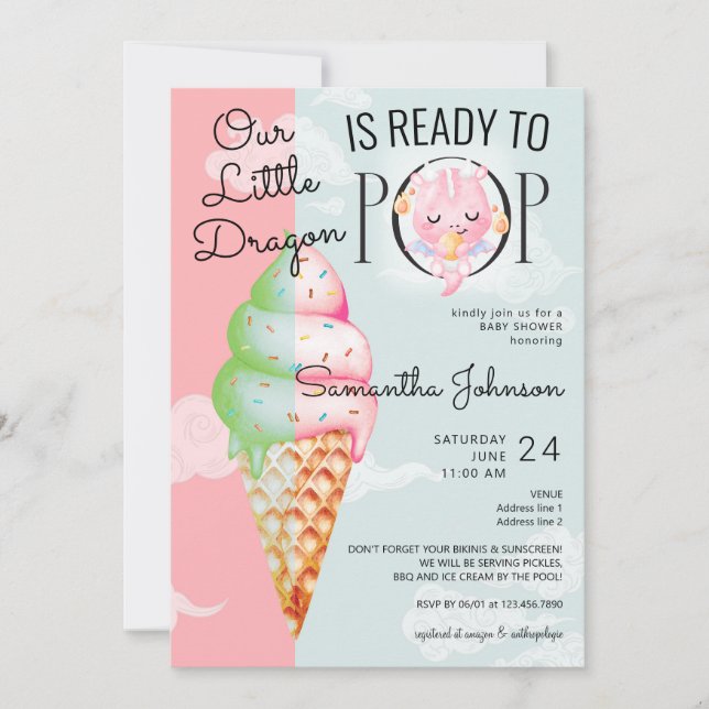 Baby Dragon Redo till Pop Ice Cream Baby Shower Inbjudningar (Framsida)