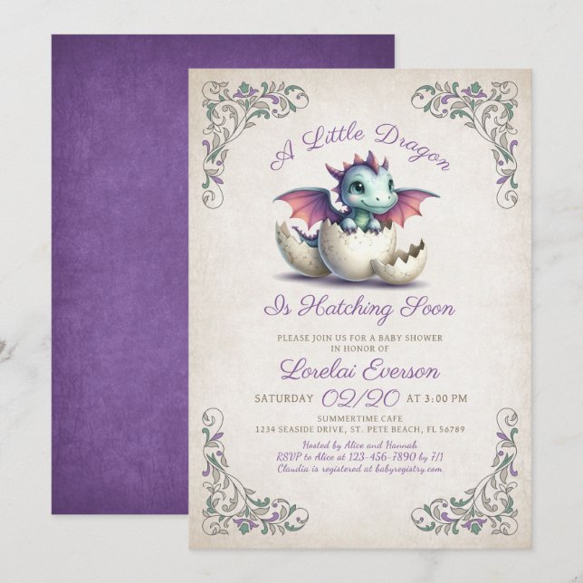 Baby Dragon Shower Inbjudningar (Fram/baksida)