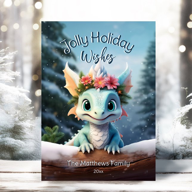 Baby Dragon Snowy Enchanted Forest jul Julkort (Adorable Winter Snowy Scene With Peeking Dogs or Farm/Woodland Animals - Over 50 to Choose From!)