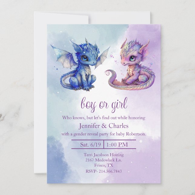 Baby Dragons Gender Reveal Party Inbjudningar (Framsida)