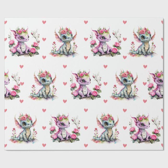 Baby Dragons & Hearts på White Valentine Presentpapper (Platt)