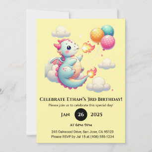 Baby-Drake med ballonger i himlen födelsedag Inbjudningar