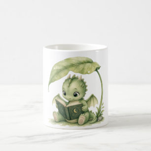 Baby-drake som läser under blad Sagobok Barnkammar Kaffemugg