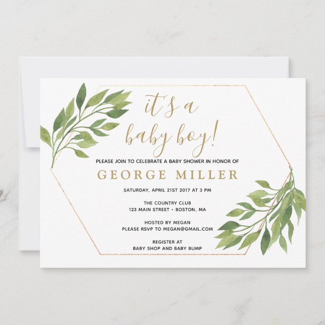 Baby dusch elegant greenery och guld inbjudan (Framsida)