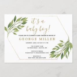 Baby dusch elegant greenery och guld inbjudan