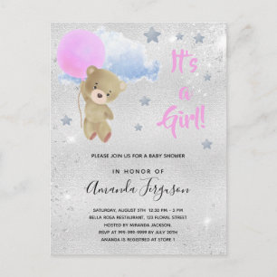 Baby dusch nalle Girl rosa silver Inbjudan Vykort