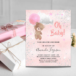 Baby dusch nalle Girl rosa silver Inbjudan Vykort