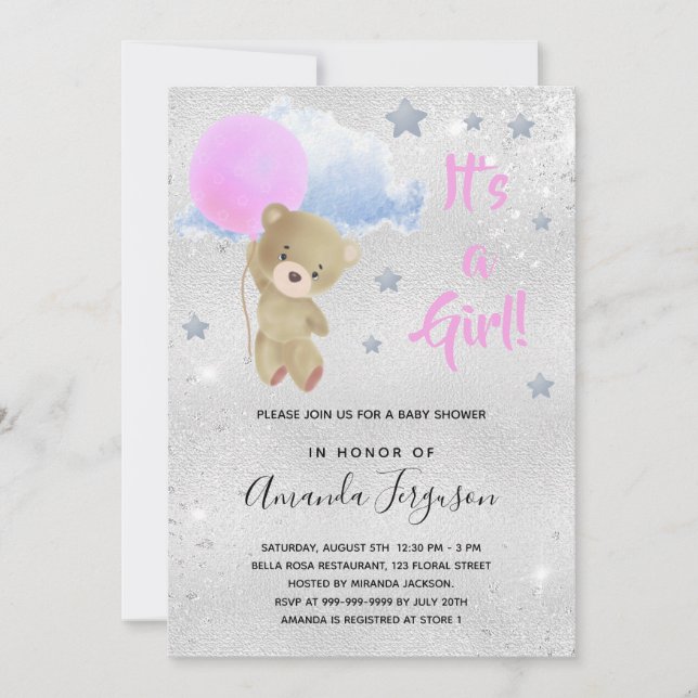 Baby dusch nalle Girl rosa silver Inbjudningar (Framsida)