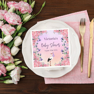 Baby dusch stork rosa lila blommor tjej pappersservett