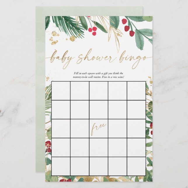 Baby duschbingo christmas helgdag greenery guld (Fram/baksida)