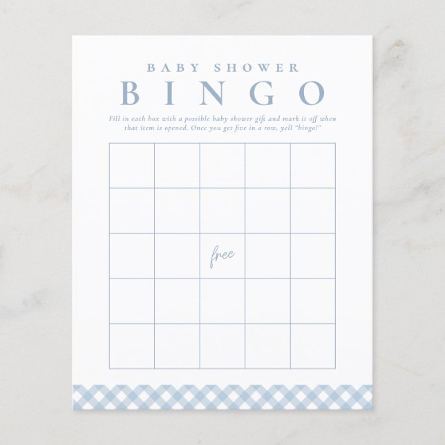 Baby duschbingo-spel i söt blått gingham (Framsida)