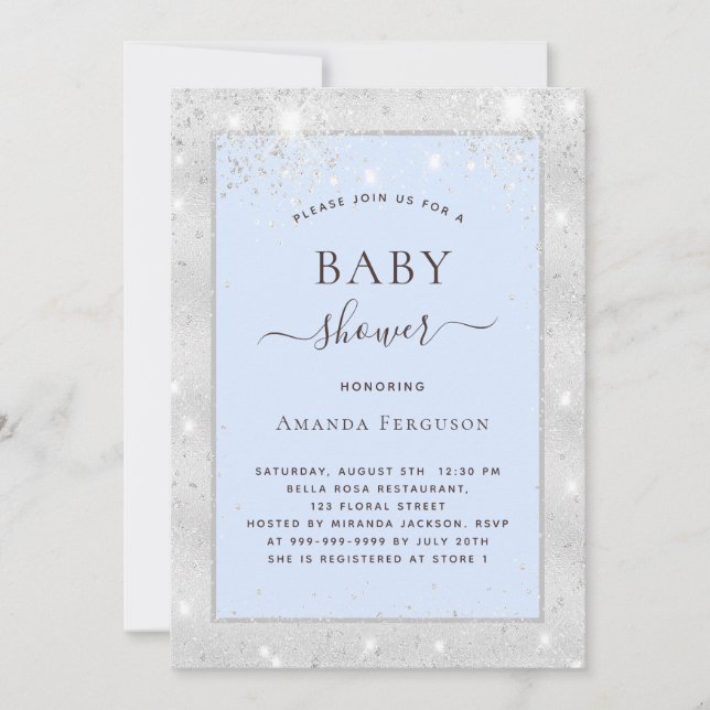 Baby duschblått silver glitter-pojke inbjudningar (Framsida)