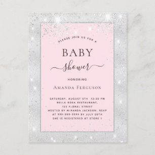 Baby duschflicka silver rosa glitter inbjudan vykort