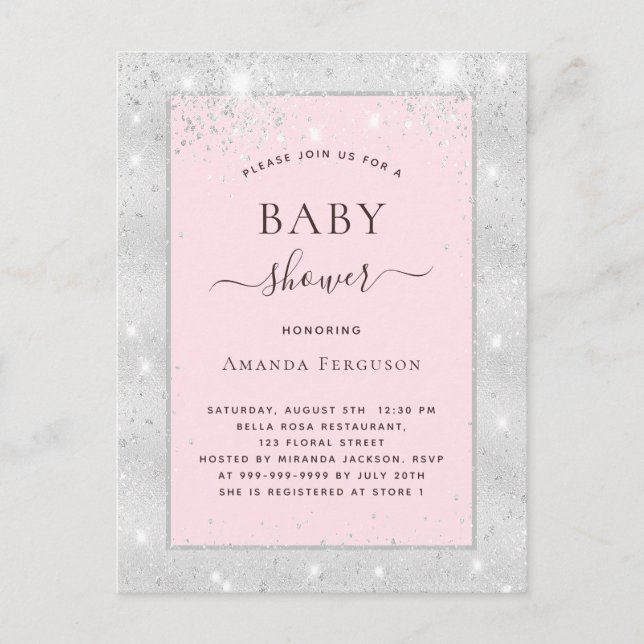 Baby duschflicka silver  rosa glitter inbjudan vykort (Framsida)