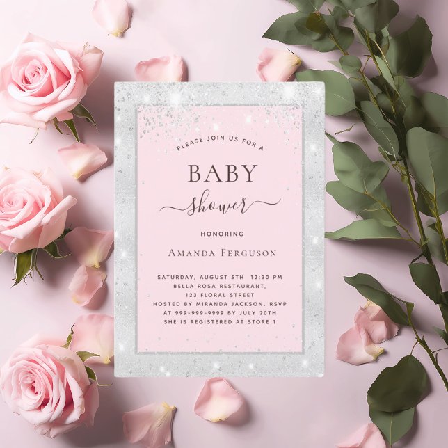 Baby duschflicka silver  rosa glitter inbjudningar (Skapare uppladdad)