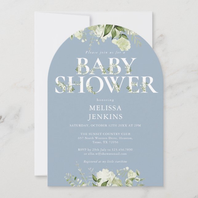 Baby Dusty Blue Greenery Blad Baby Shower Inbjudningar (Framsida)