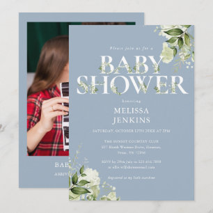 Baby Dusty Blue Greenery Foliage Foto Bebis Bebis Inbjudningar